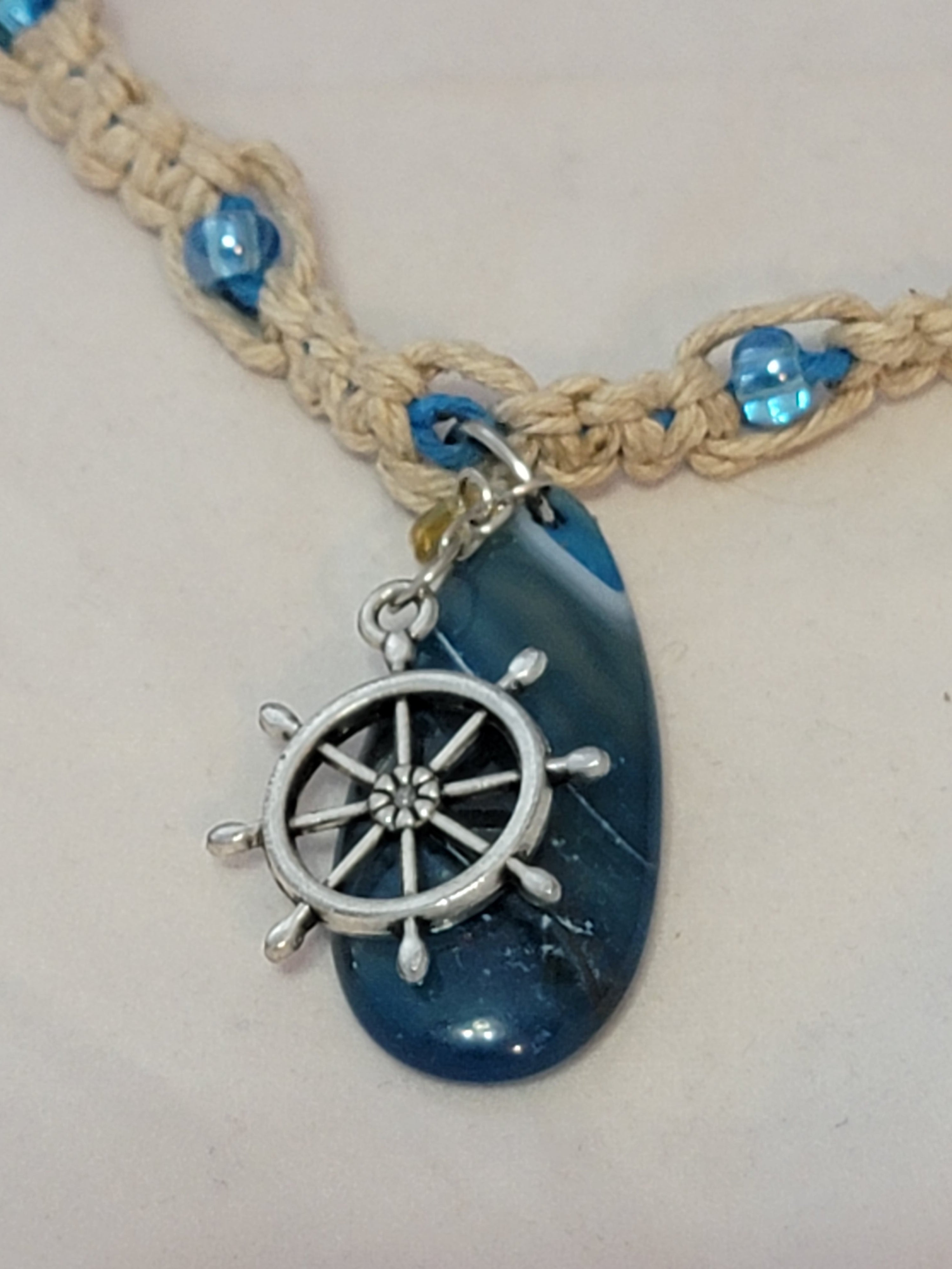 Blue Dyed Agate with Ship Wheel Necklace