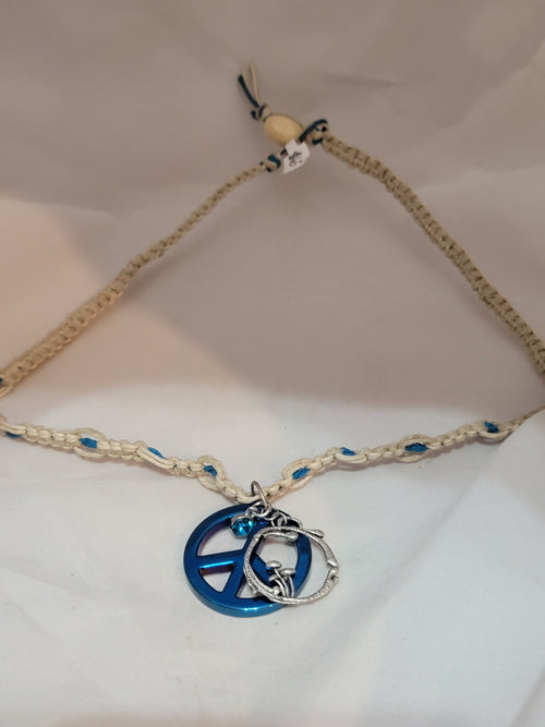 Blue Hematite with Peace Sign, Mushroom, & Blue Crystal Necklace