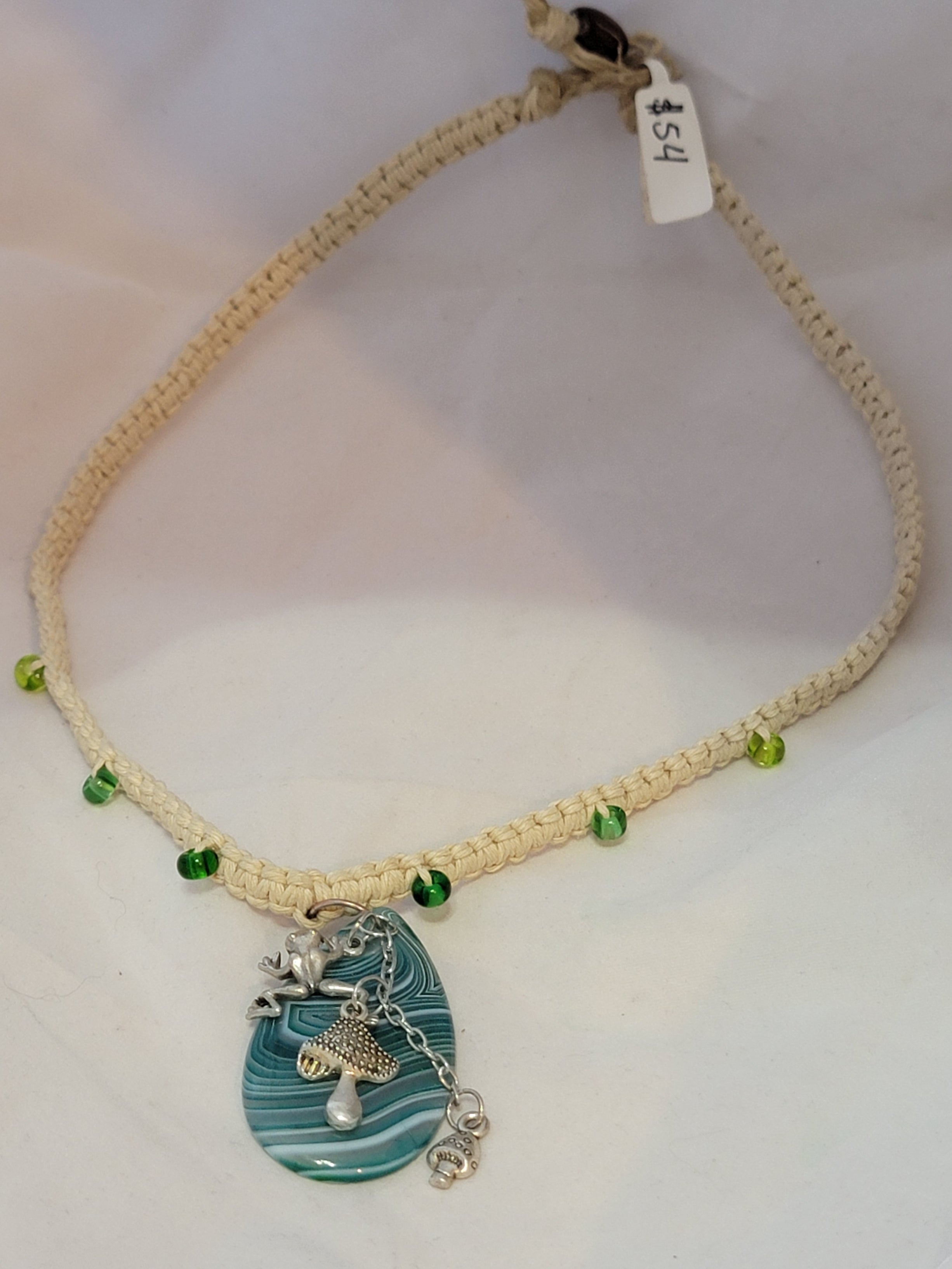 Blue, Green Dyed Agate with Frog, & Mushrooms Necklace