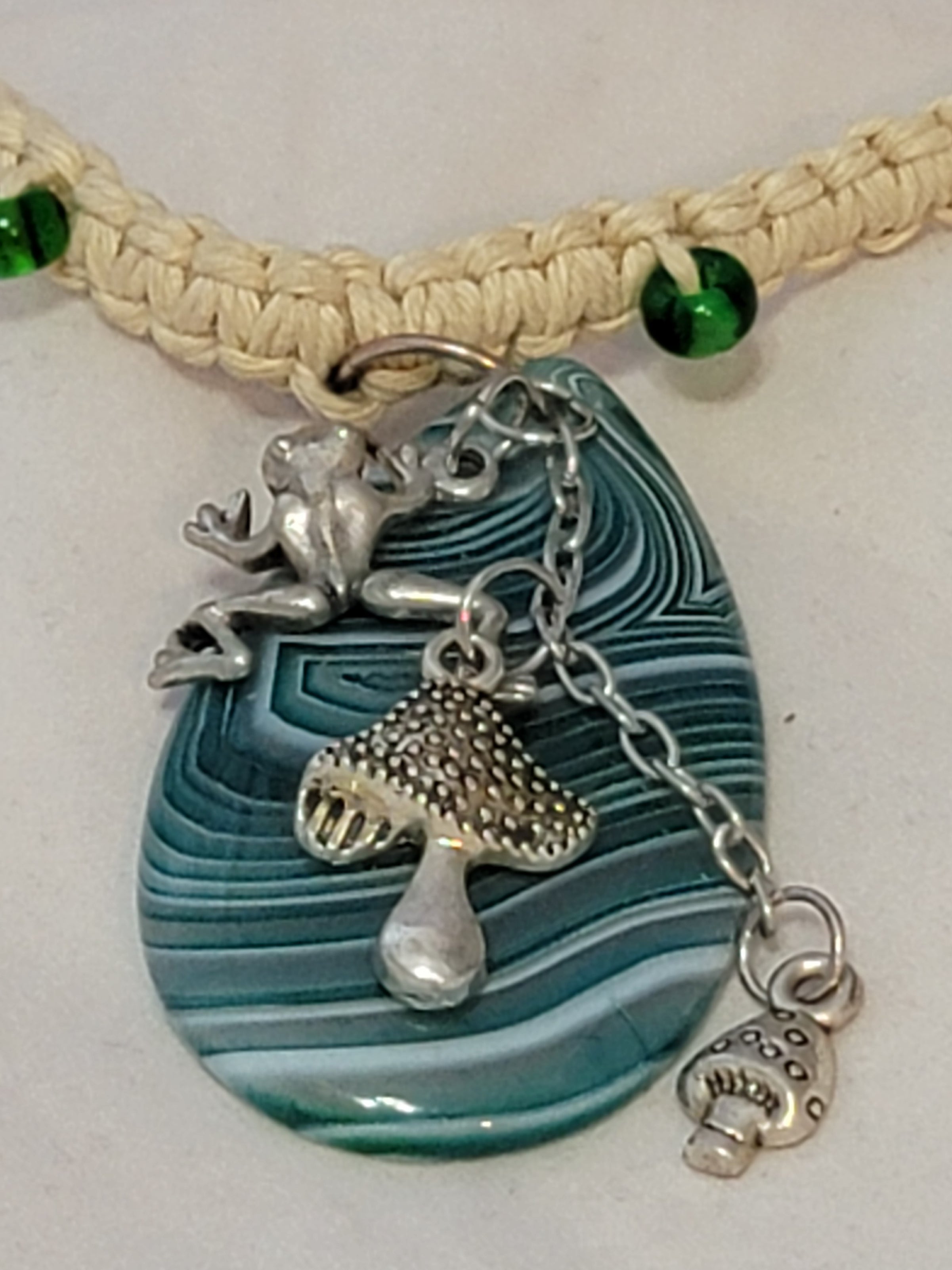 Blue, Green Dyed Agate with Frog, & Mushrooms Necklace