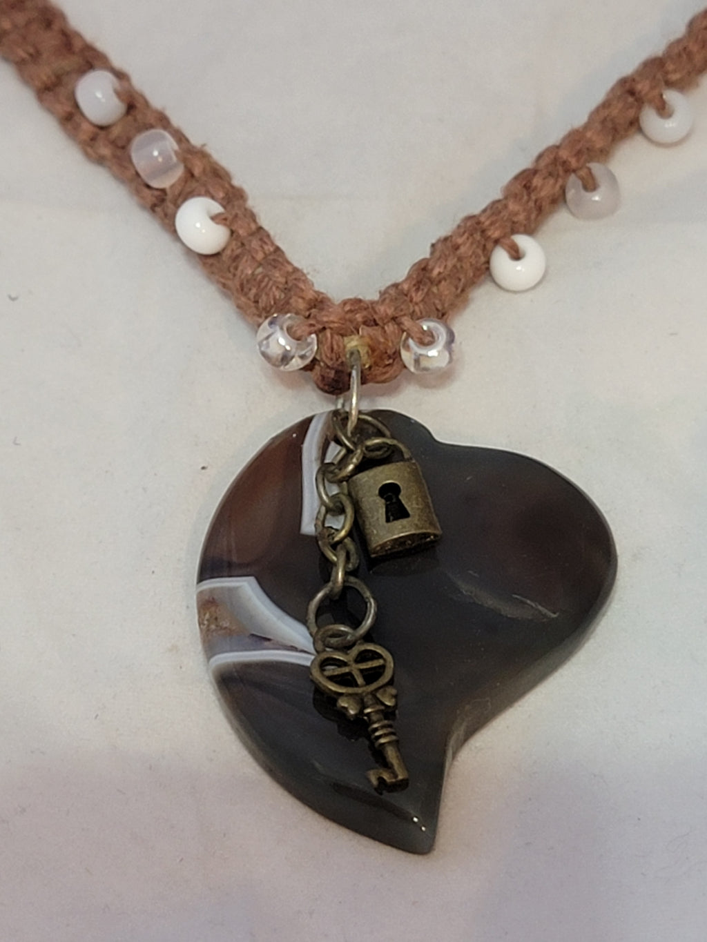 Botswana Agate Heart with Lock & Key Necklace