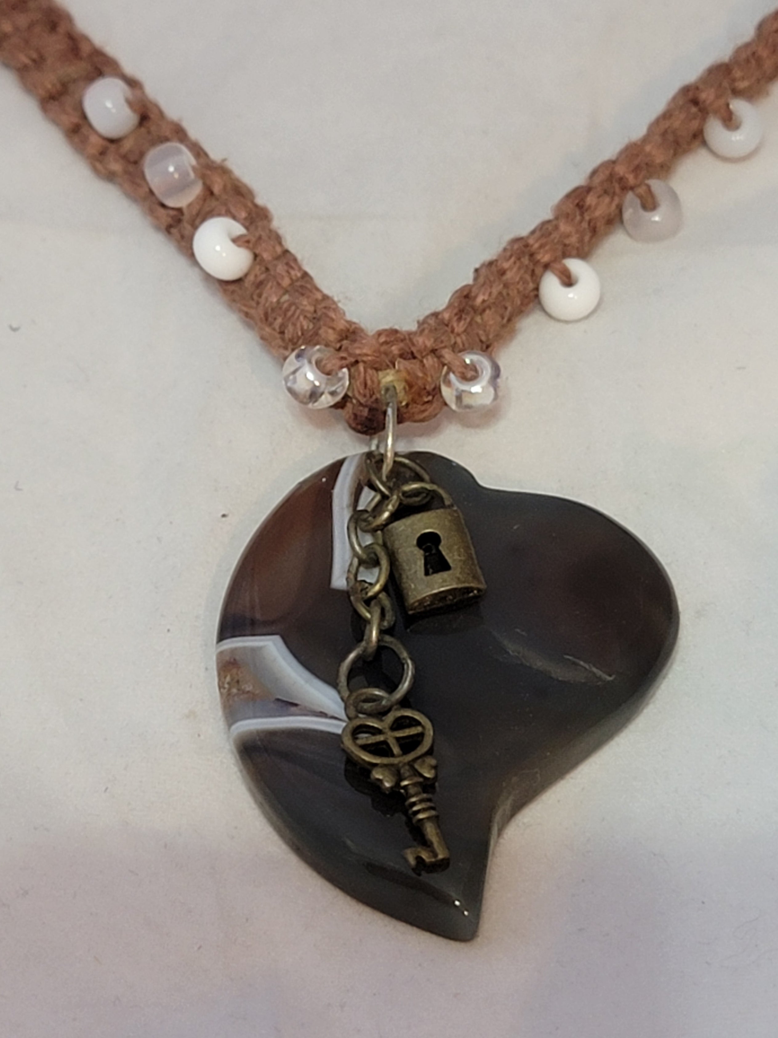 Botswana Agate Heart with Lock & Key Necklace