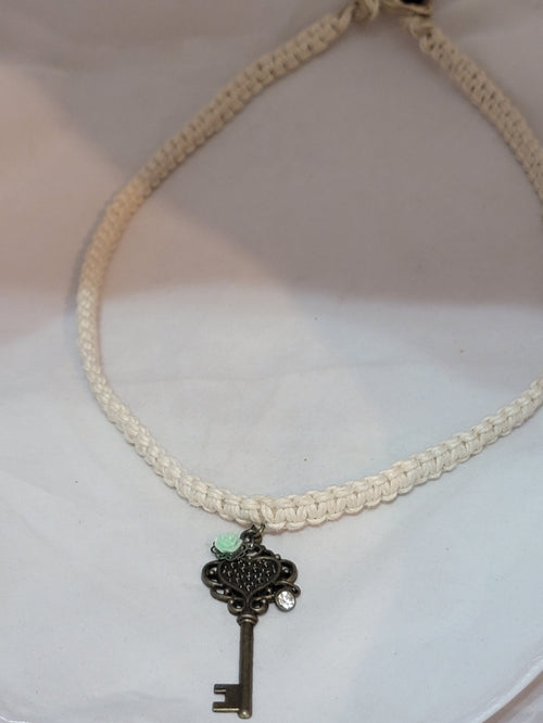 Brass Key with Mint Green Flower & Crystal Necklace