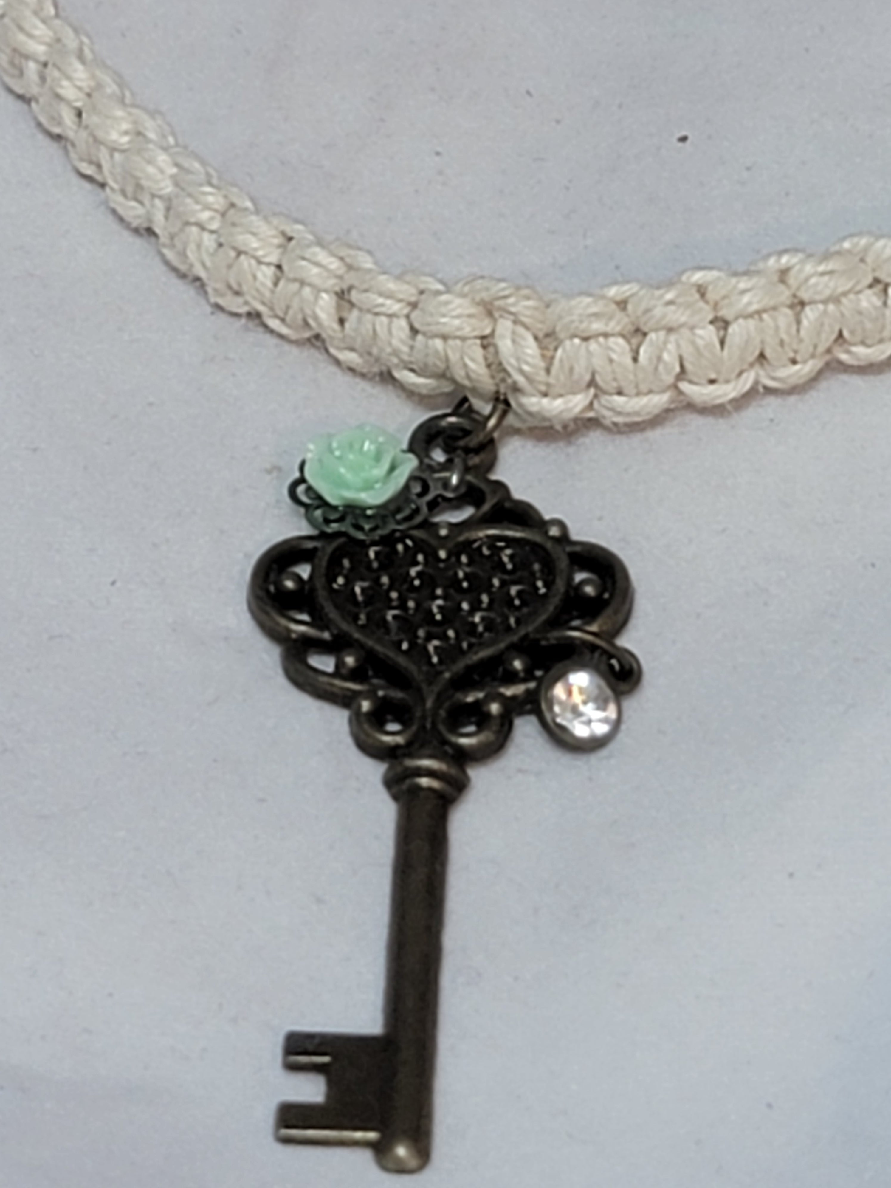 Brass Key with Mint Green Flower & Crystal Necklace