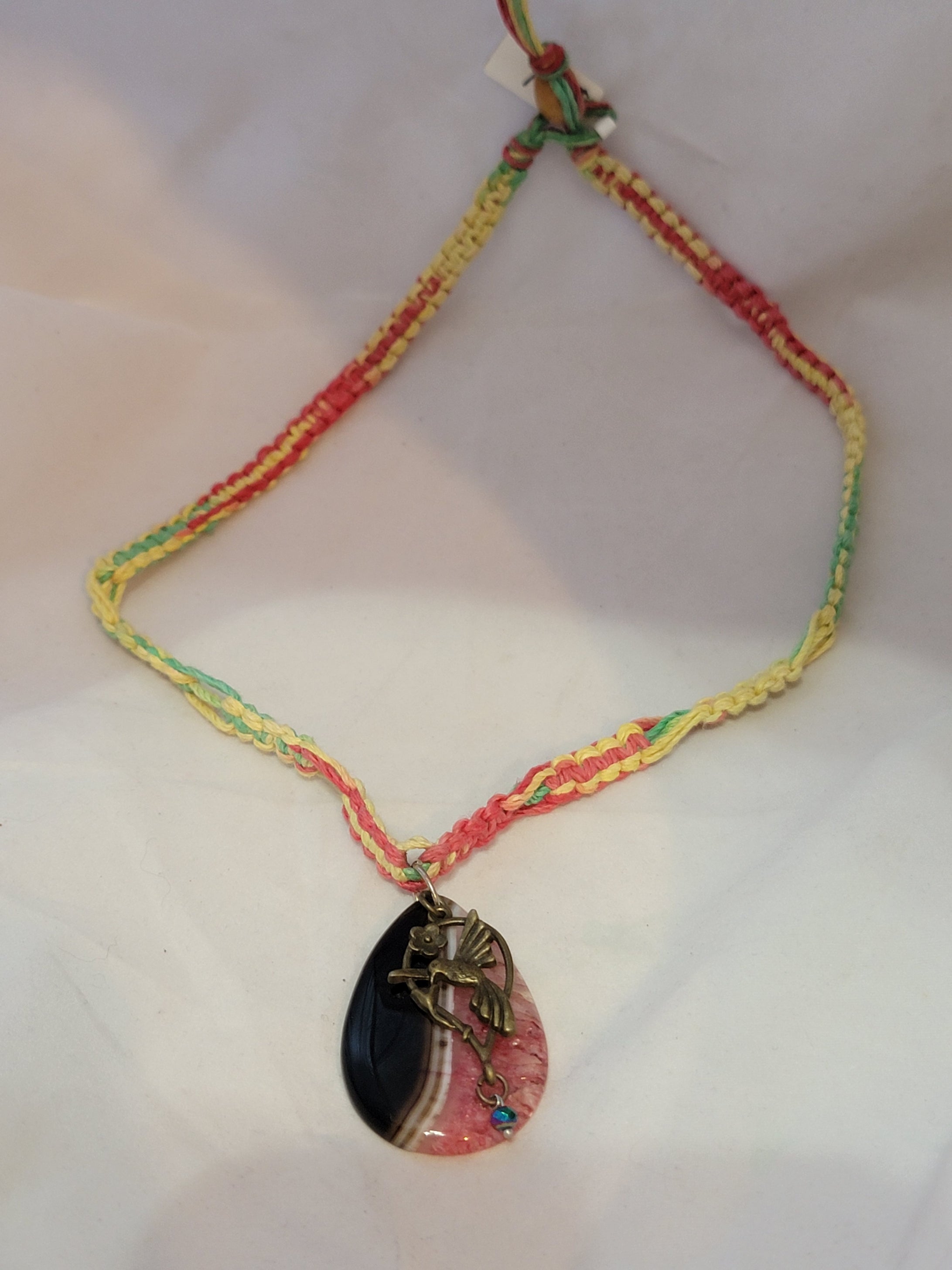 Dyed Pink Black Onyx with Hummingbird & Crystal Necklace