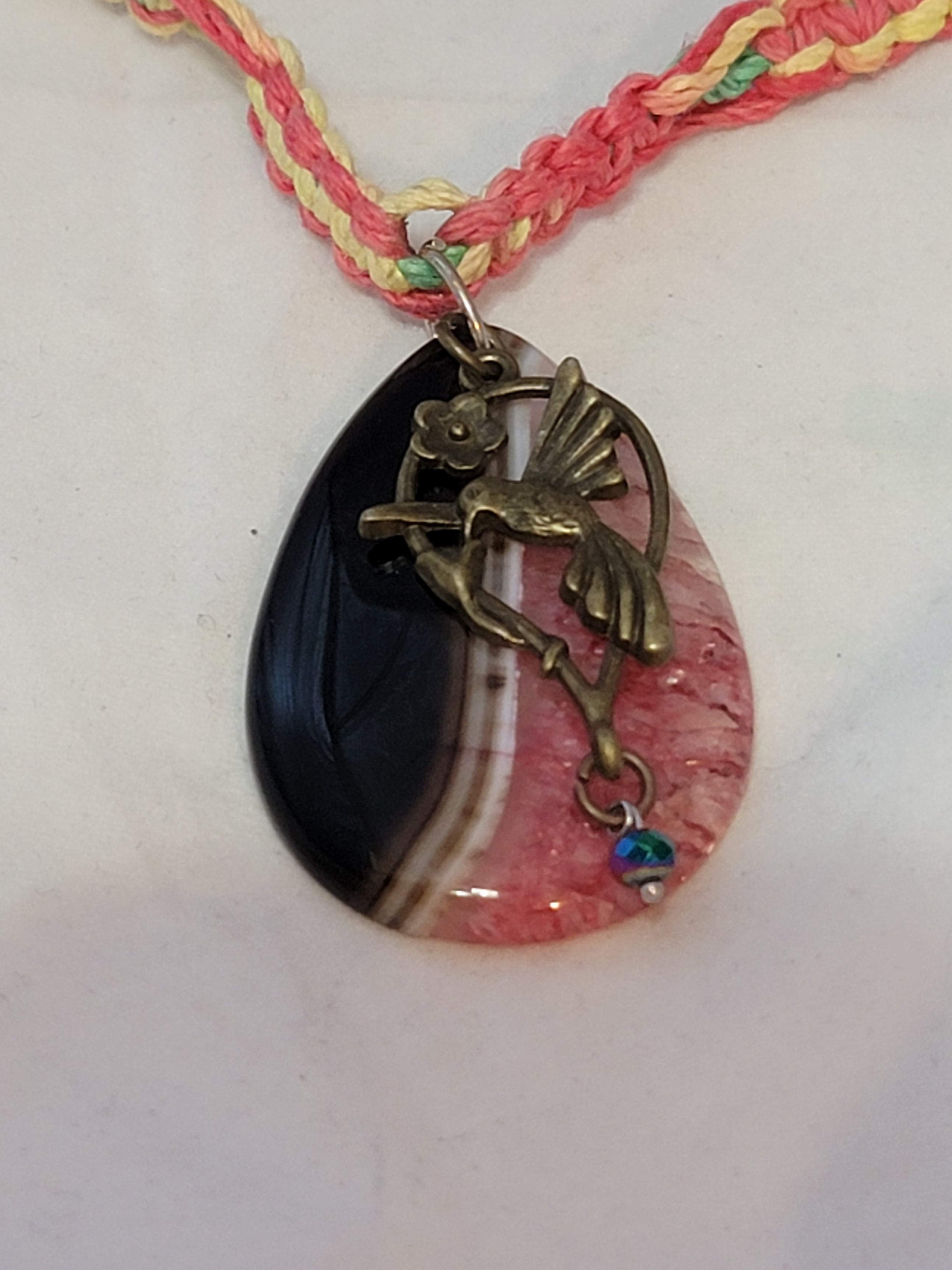 Dyed Pink Black Onyx with Hummingbird & Crystal Necklace