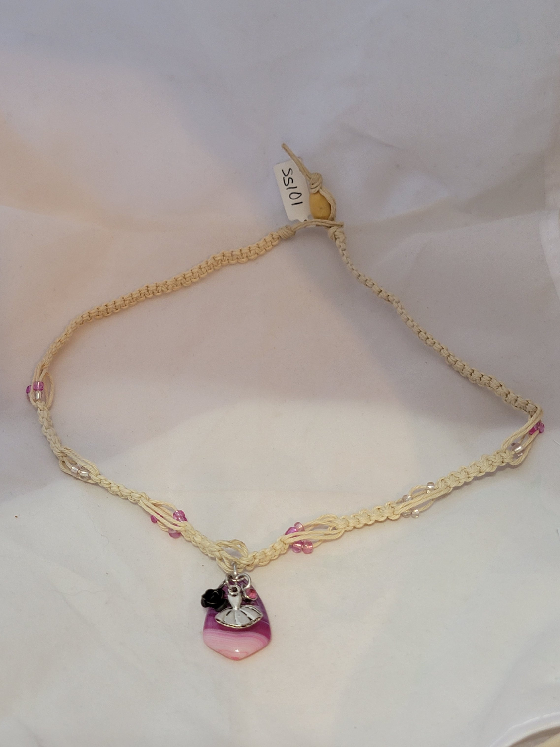 Fushia Dyed Agate with Ballet Dress, Black Rose, & Crystal Necklace