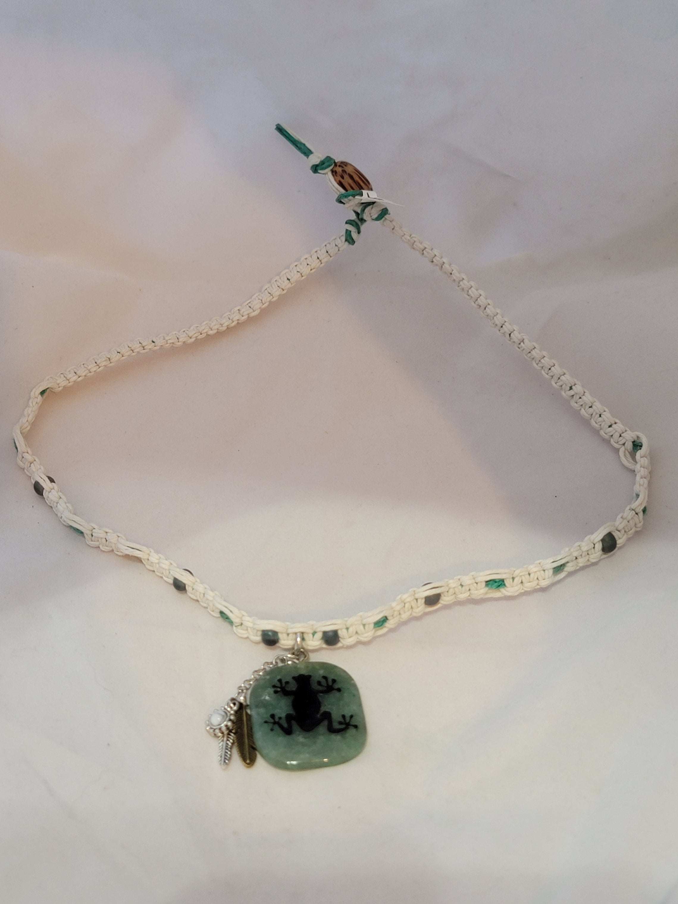 Green Aventurine Frog with Feathers, & Howlite Flower Necklace