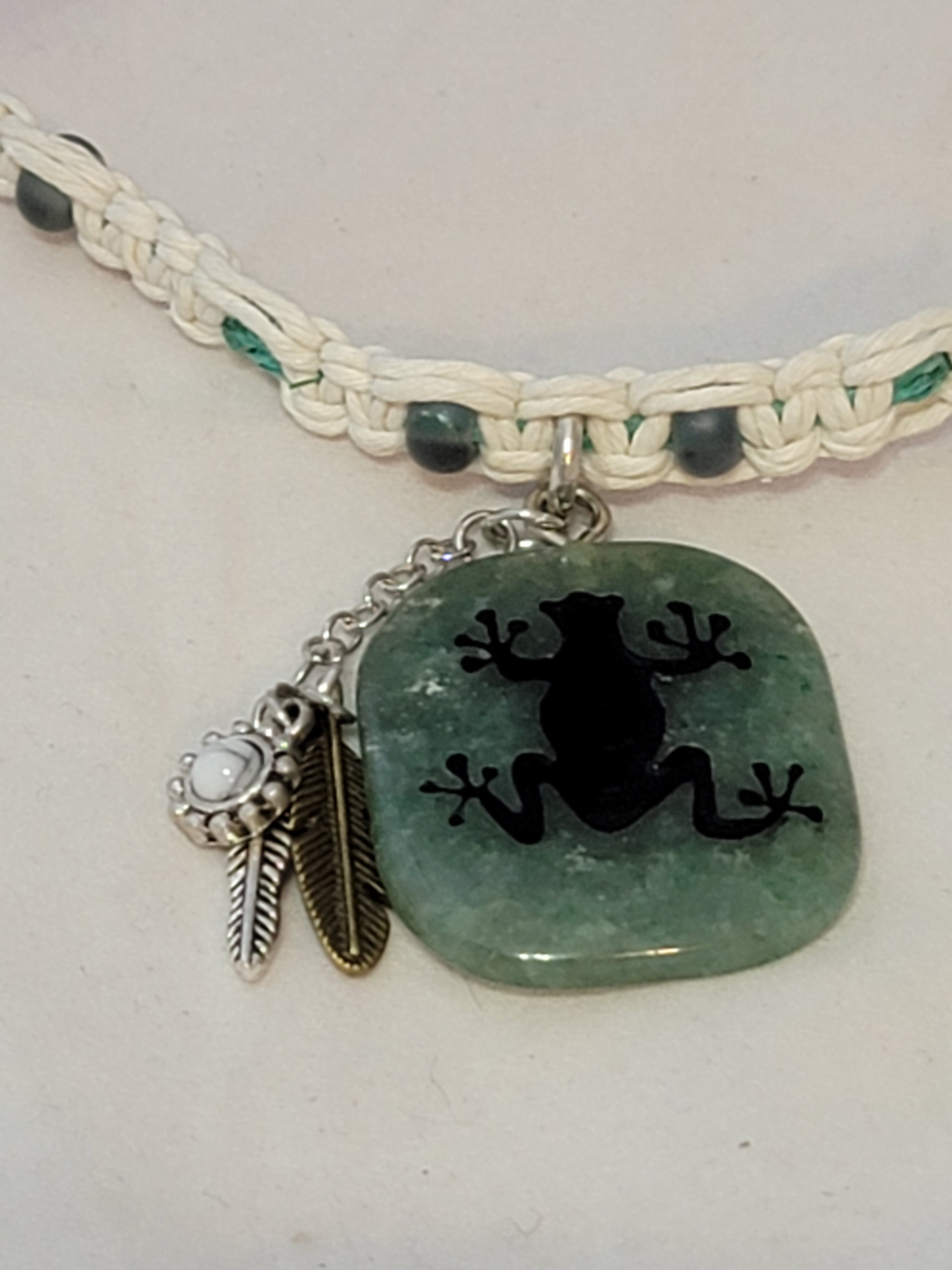 Green Aventurine Frog with Feathers, & Howlite Flower Necklace