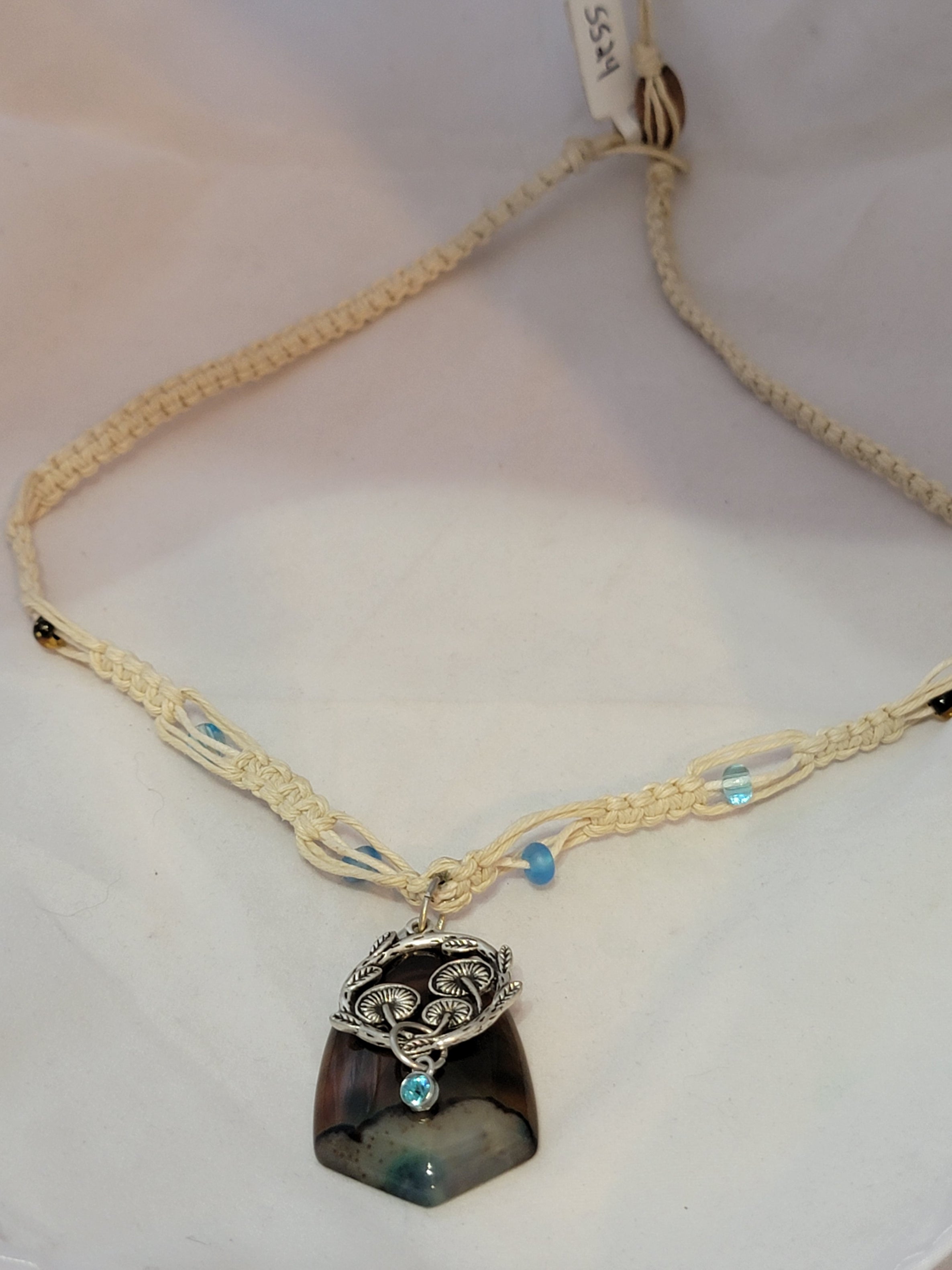 Green Dyed Agate with Mushrooms, & Crystal Necklace