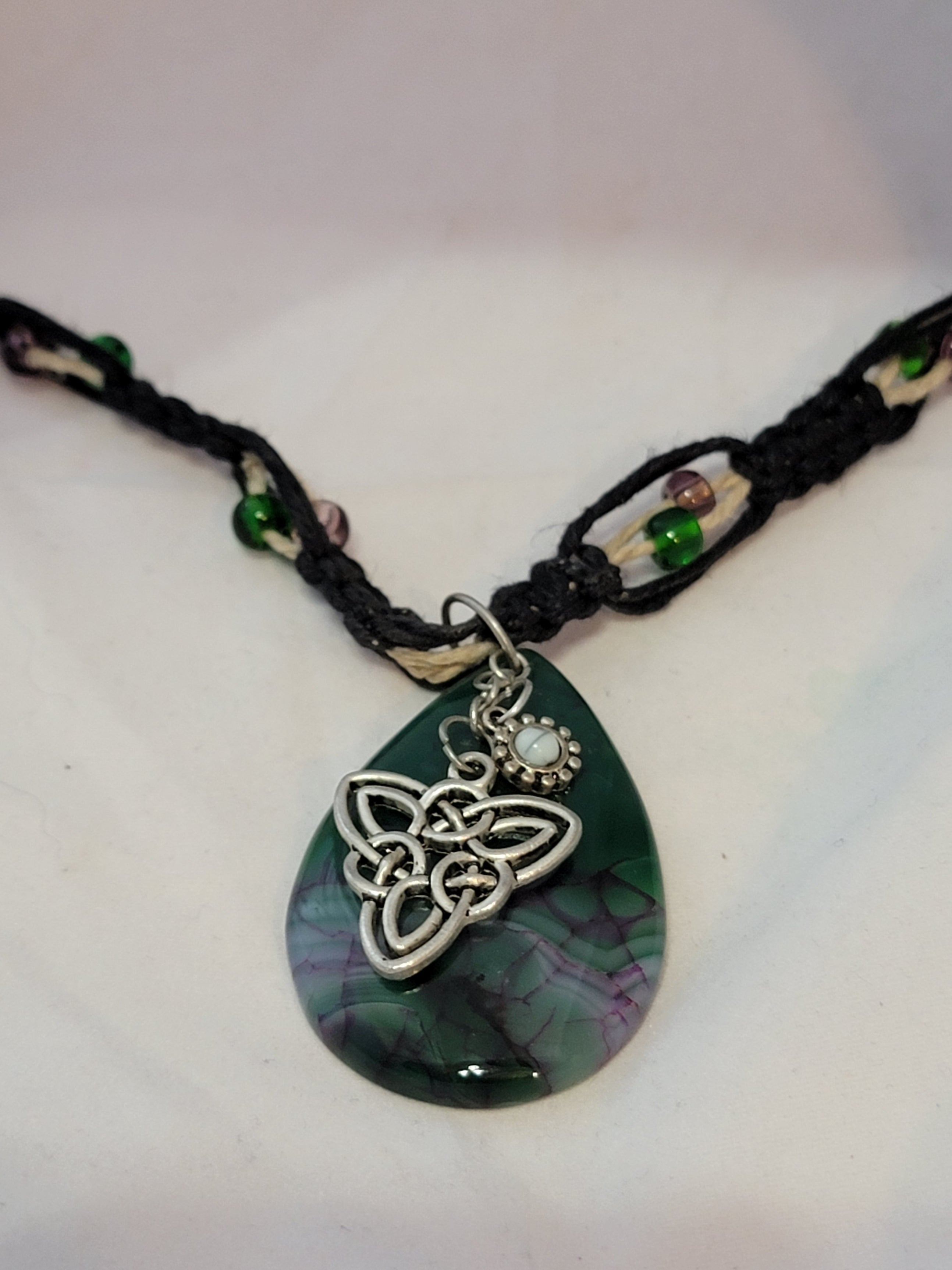Green, Purple Crackle Agate with Triquetra Necklace