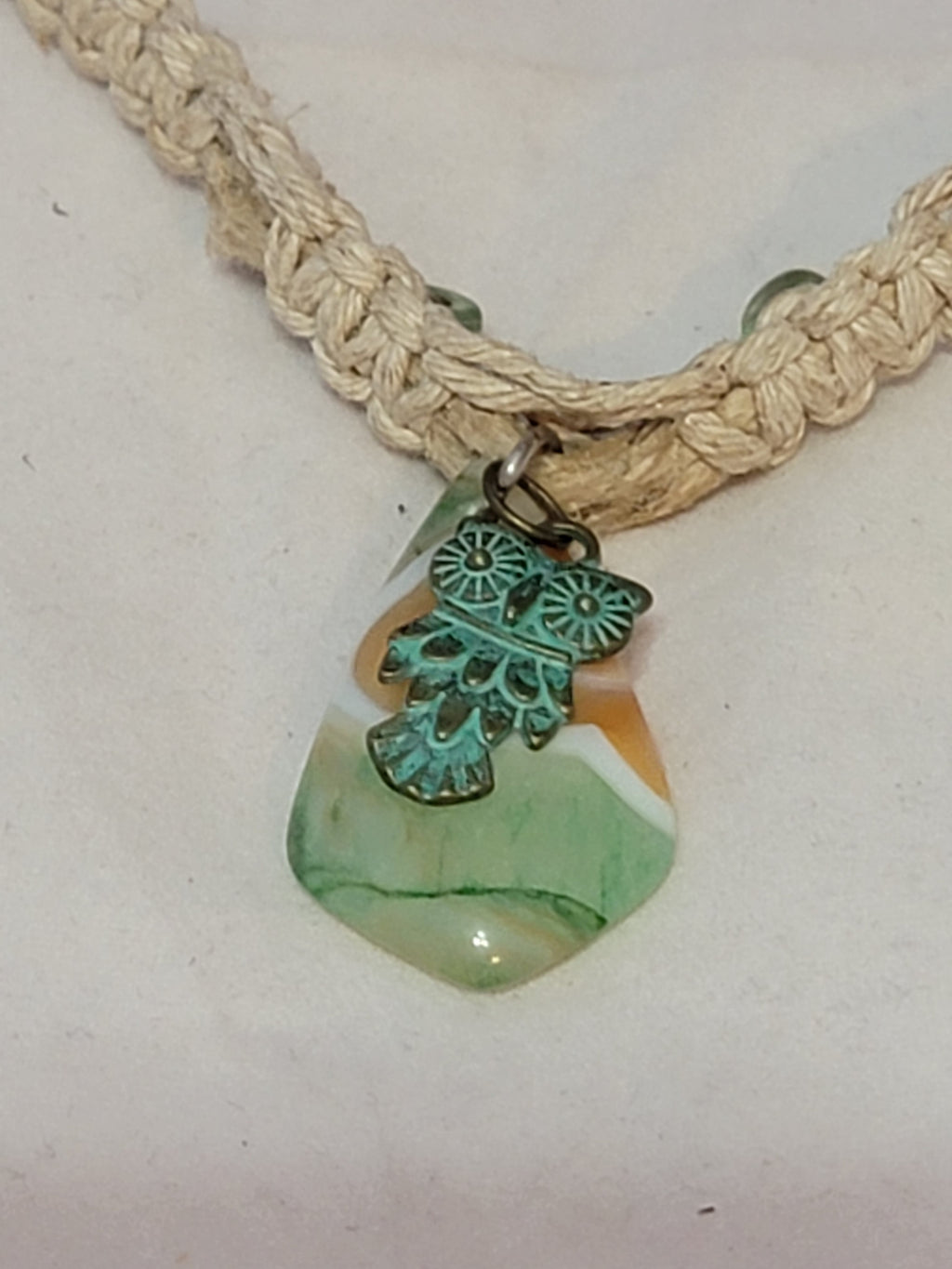 Orange, Green Dyed Agate with Owl Necklace