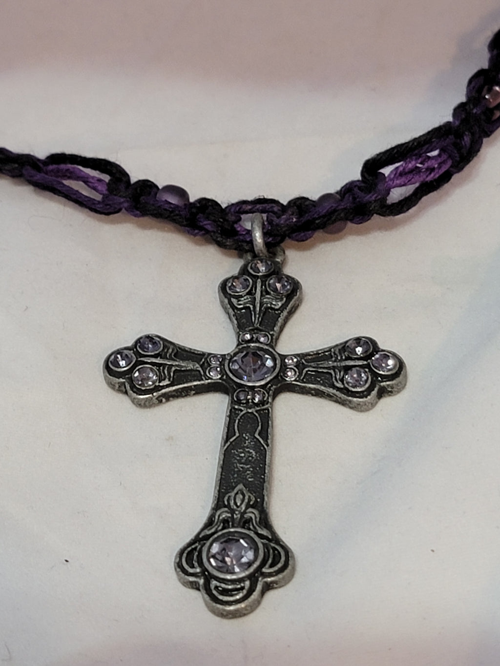 Pewter Cross with Lavender Crystals Necklace