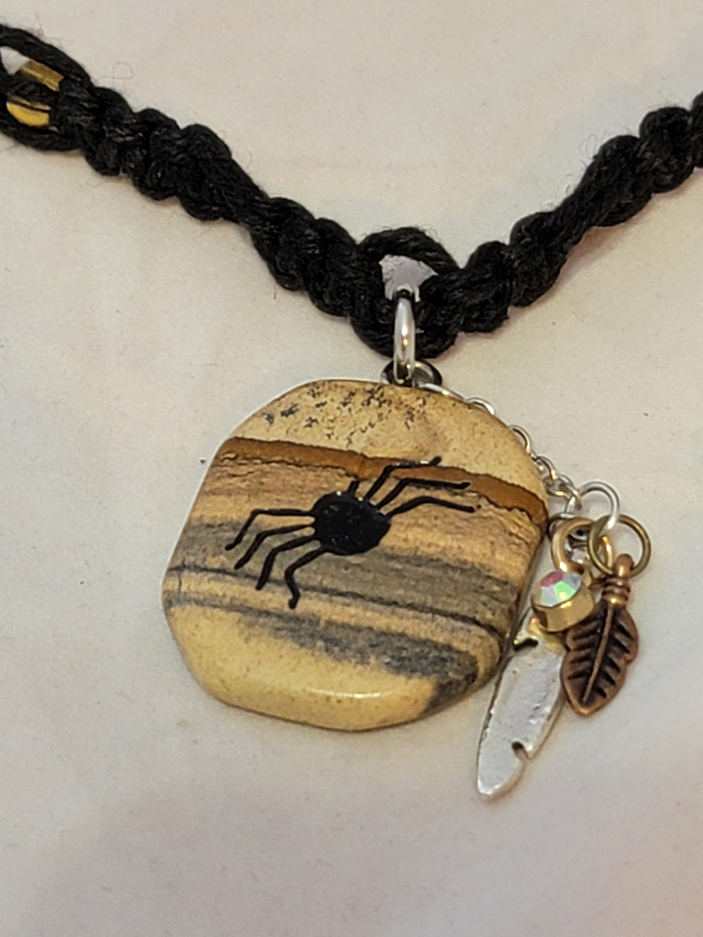 Picture Jasper Spider with Feathers, & Opalite Charm Necklace
