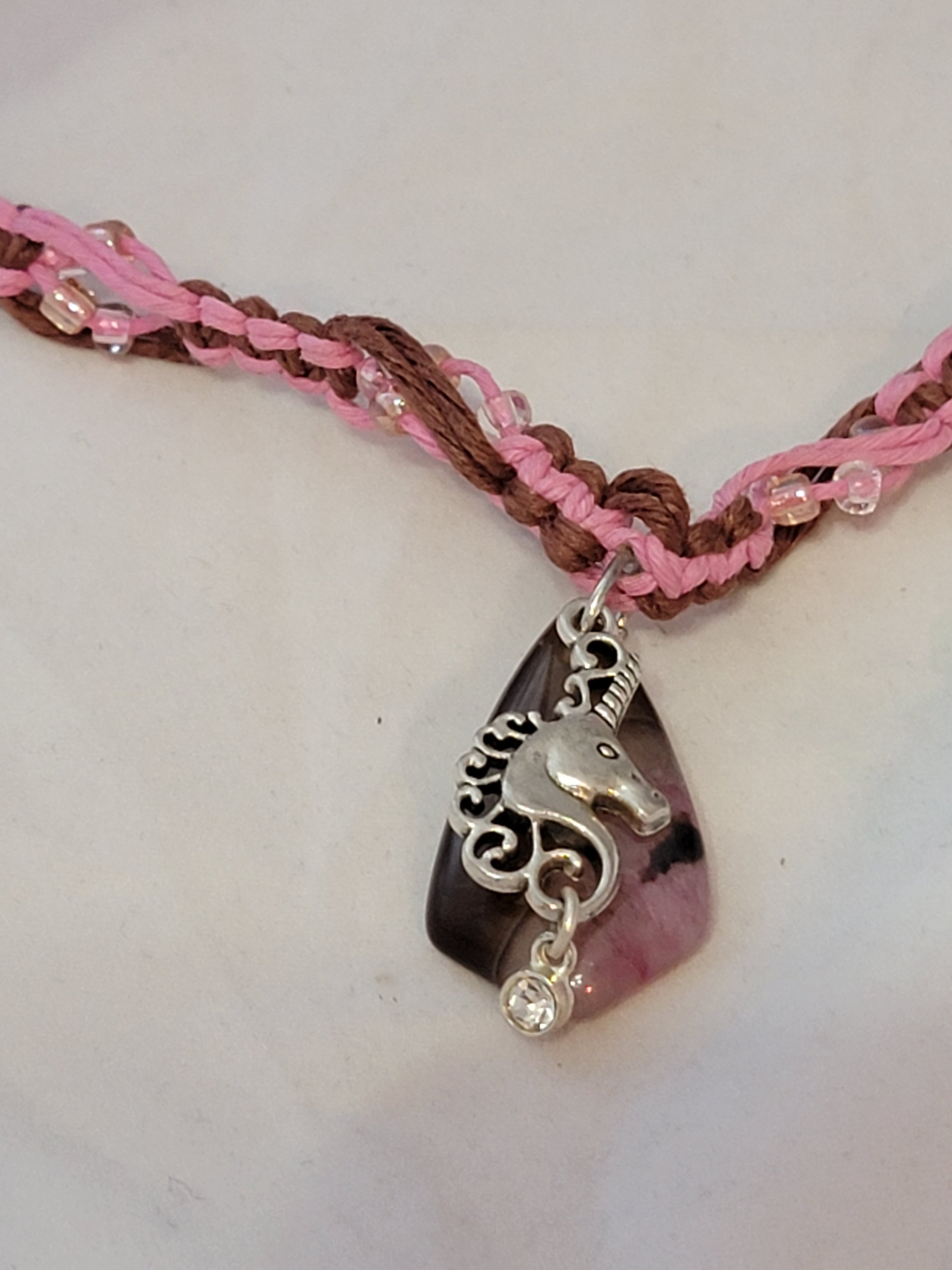 Pink Dyed Agate with Unicorn Necklace