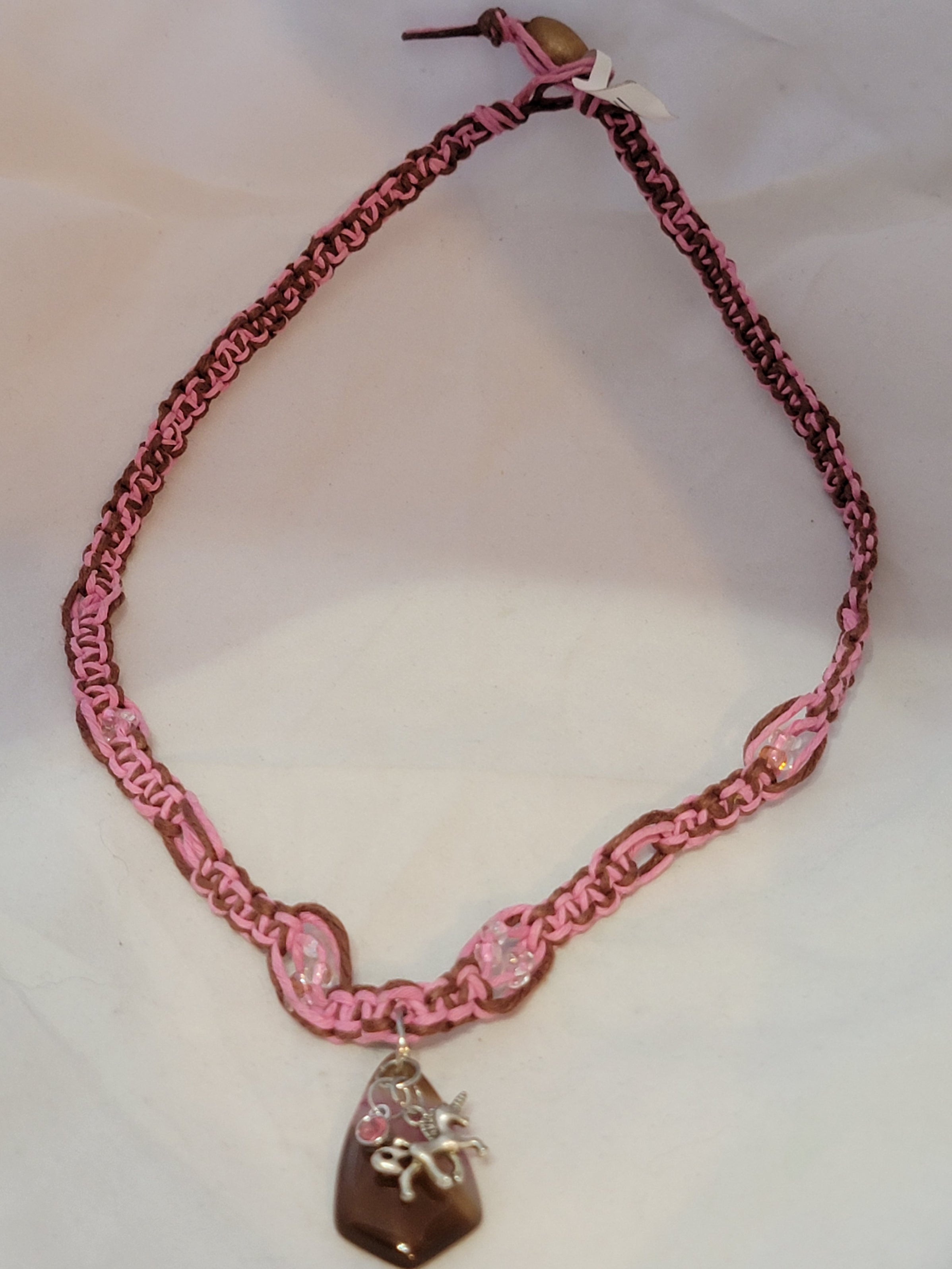 Pink Dyed Quartz with Unicorn, & Crystal Necklace