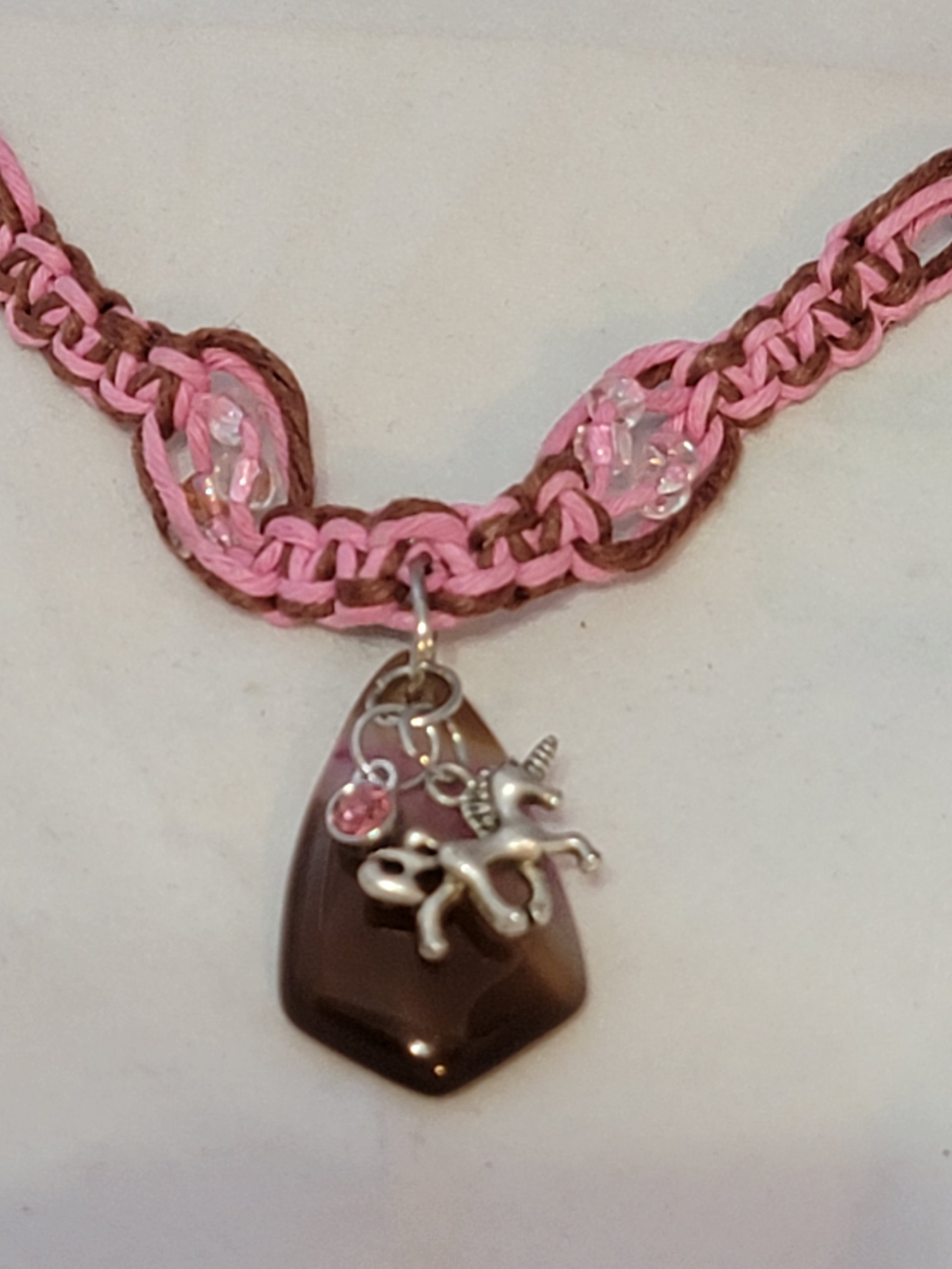 Pink Dyed Quartz with Unicorn, & Crystal Necklace