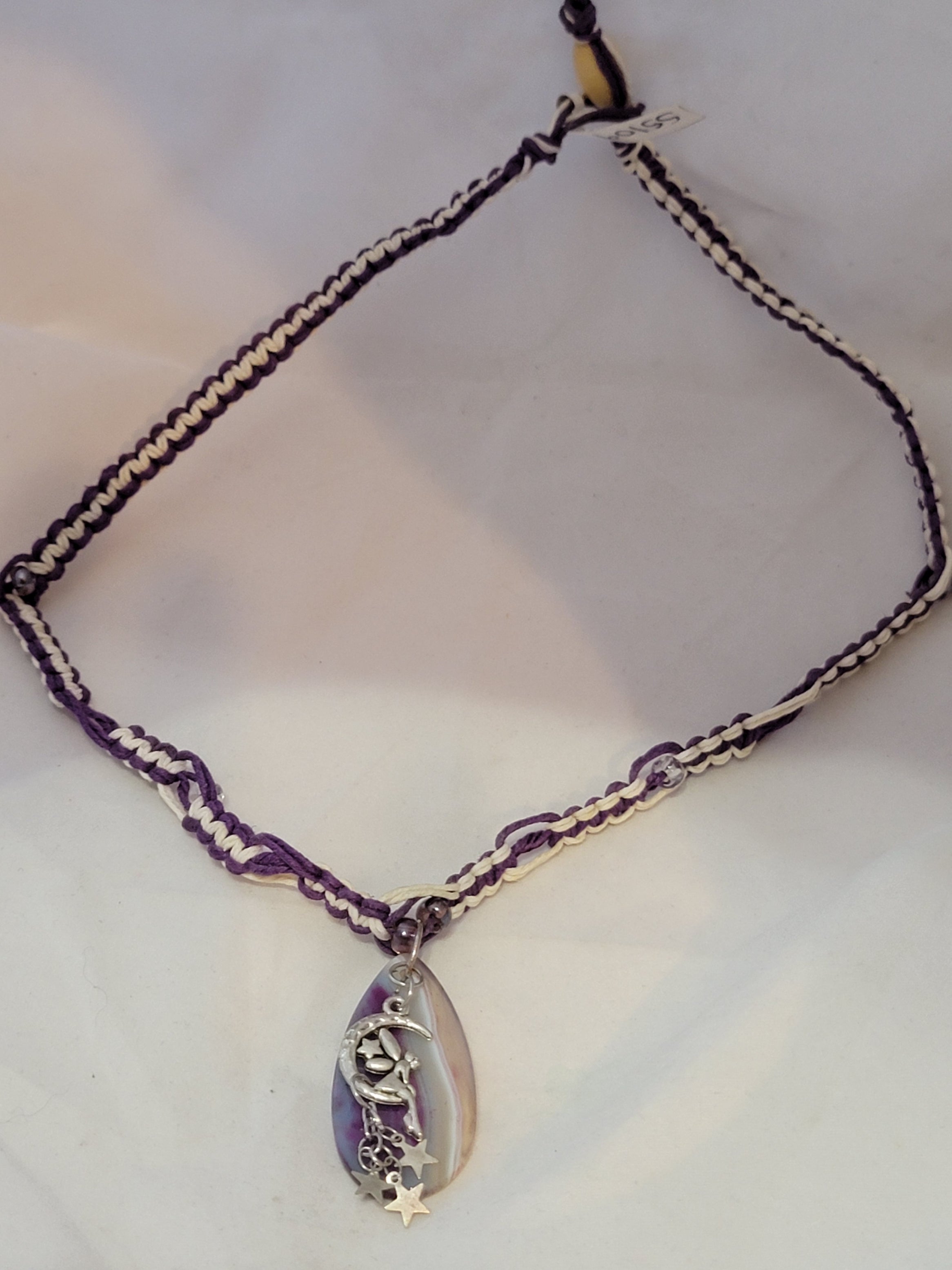 Purple Dyed Agate with Moon Fairy, & Stars Necklace