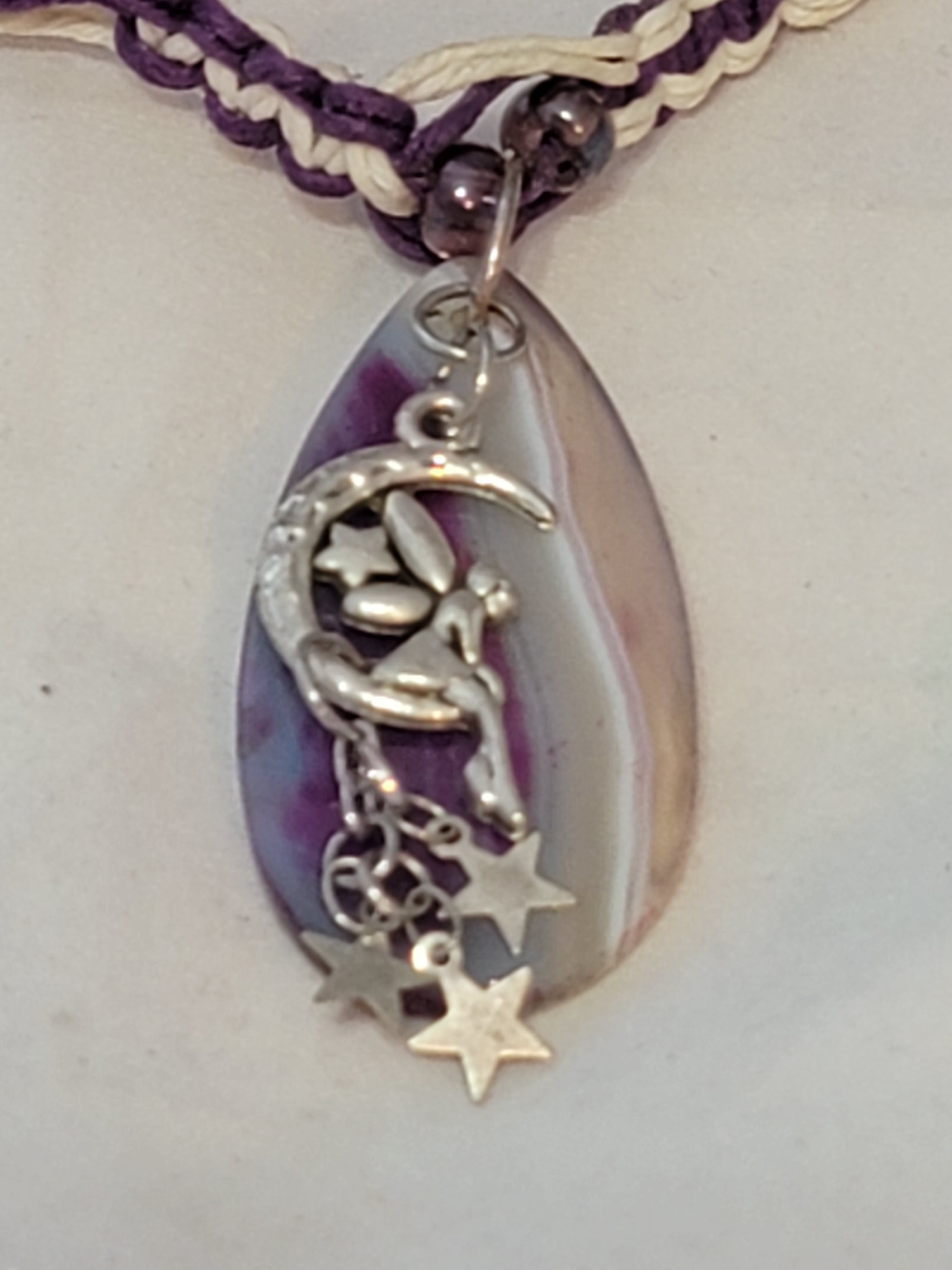 Purple Dyed Agate with Moon Fairy, & Stars Necklace