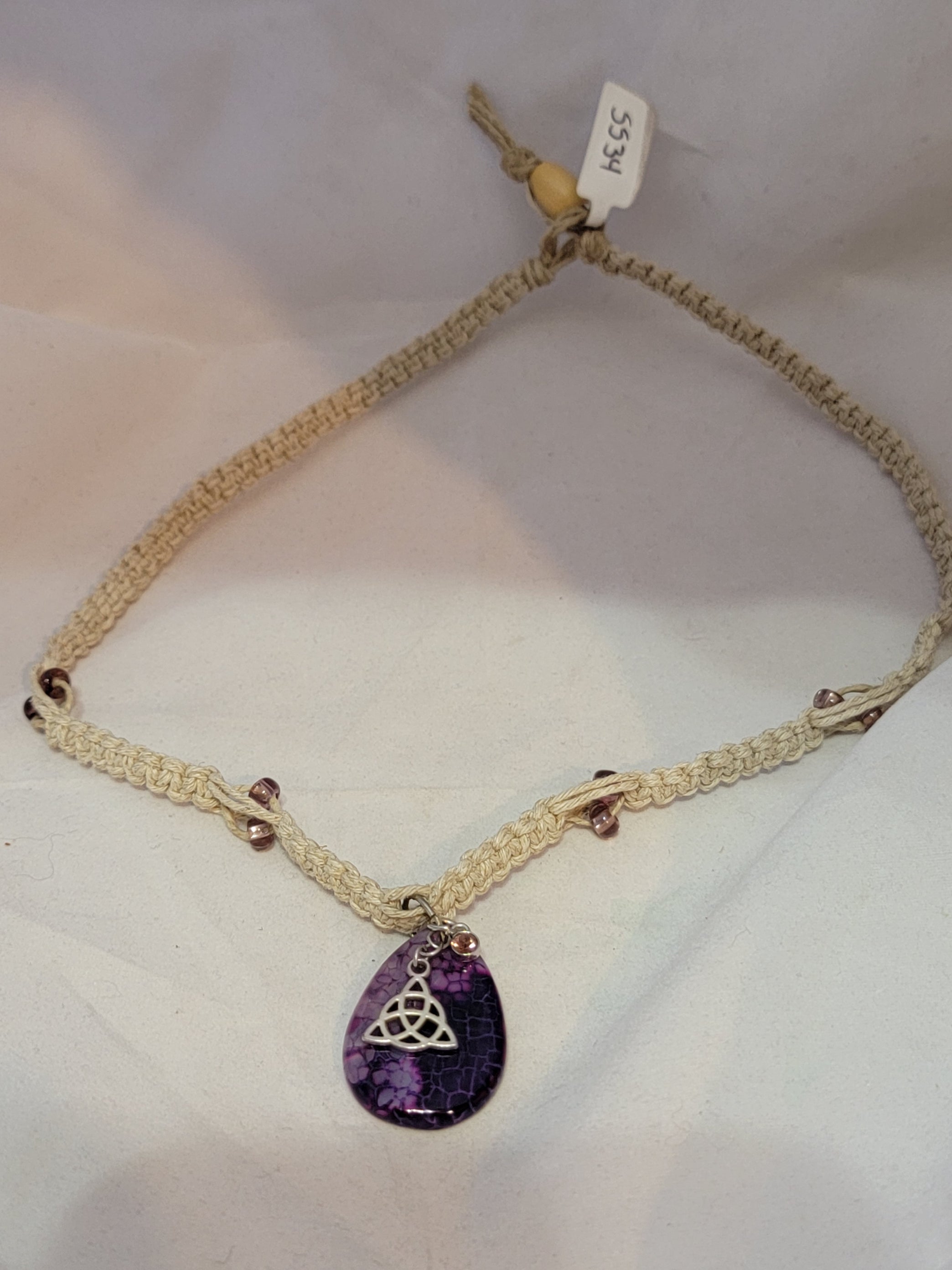 Purple Dyed Crackle Agate with Triquetra & Crystal Necklace