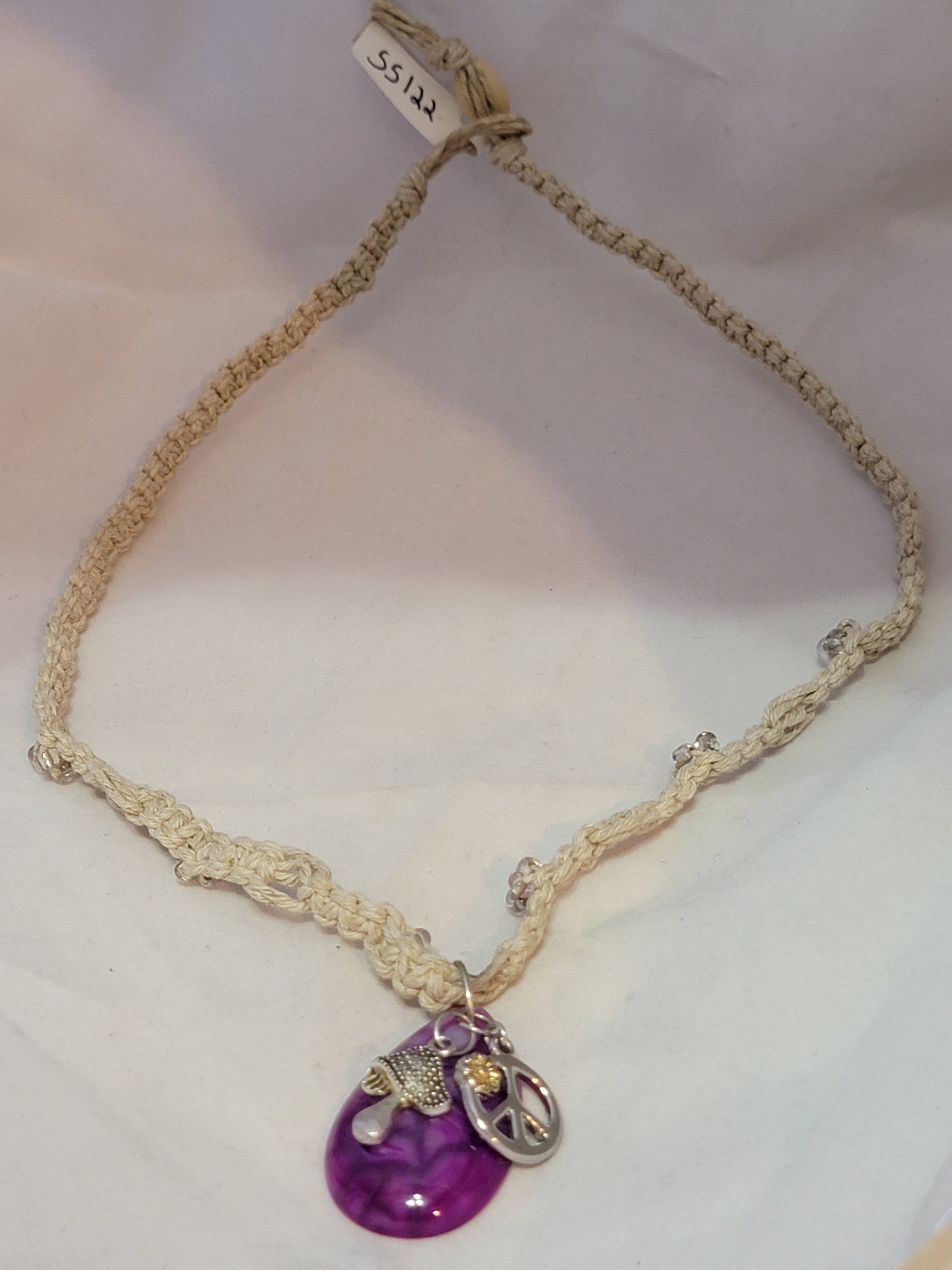 Purple, Fushia Dyed Agate with Mushroom & Flower, Peace Sign Necklace