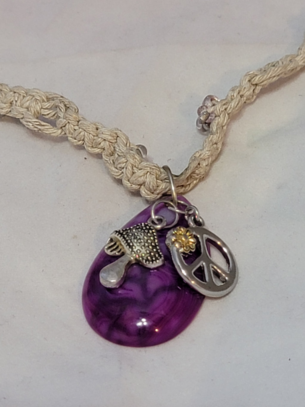 Purple, Fushia Dyed Agate with Mushroom & Flower, Peace Sign Necklace