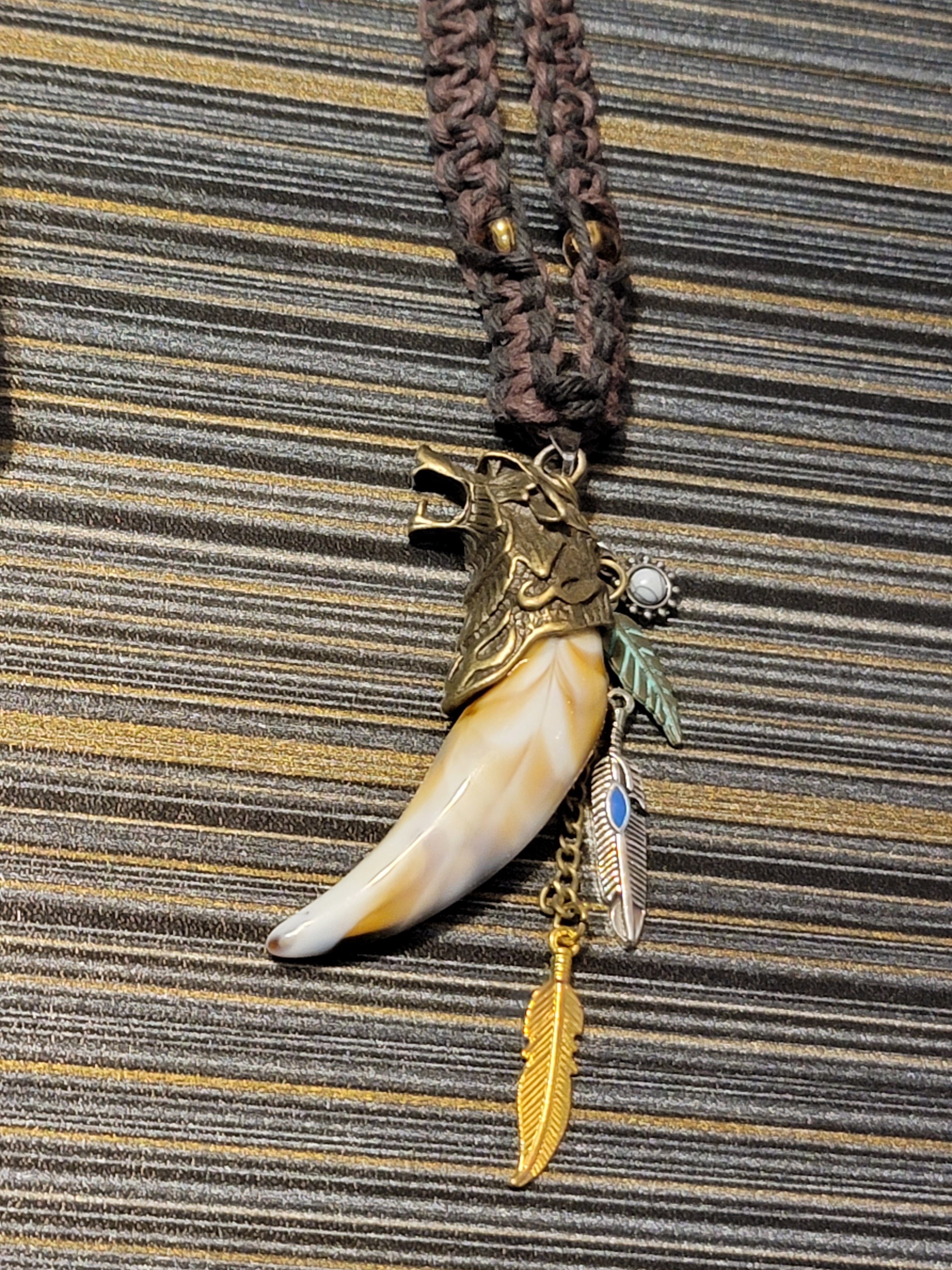 Resin Tooth w/ Brass Wolf Head & Feathers Necklace