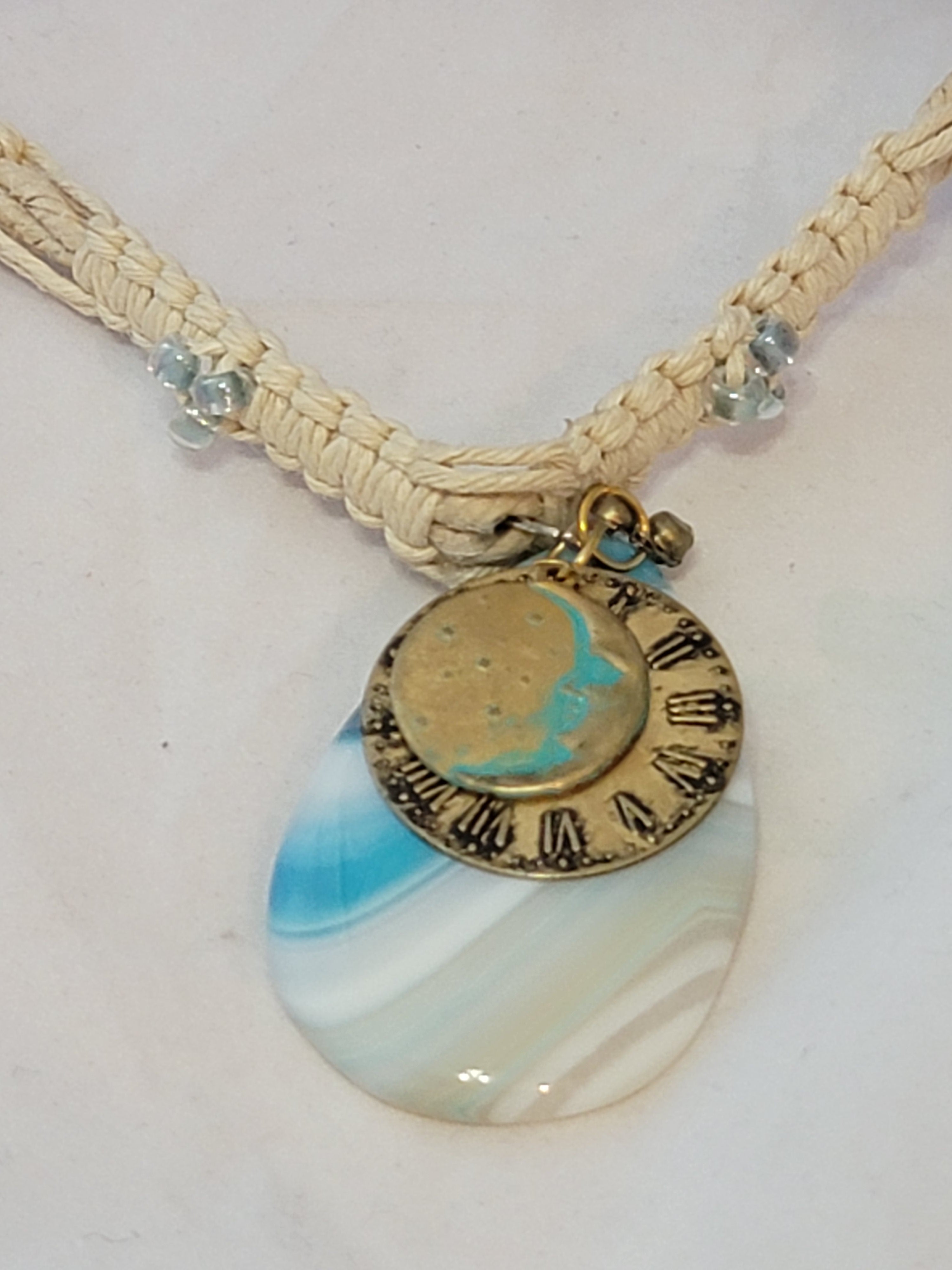 Sea Green Dyed Agate Clock Moon Necklace