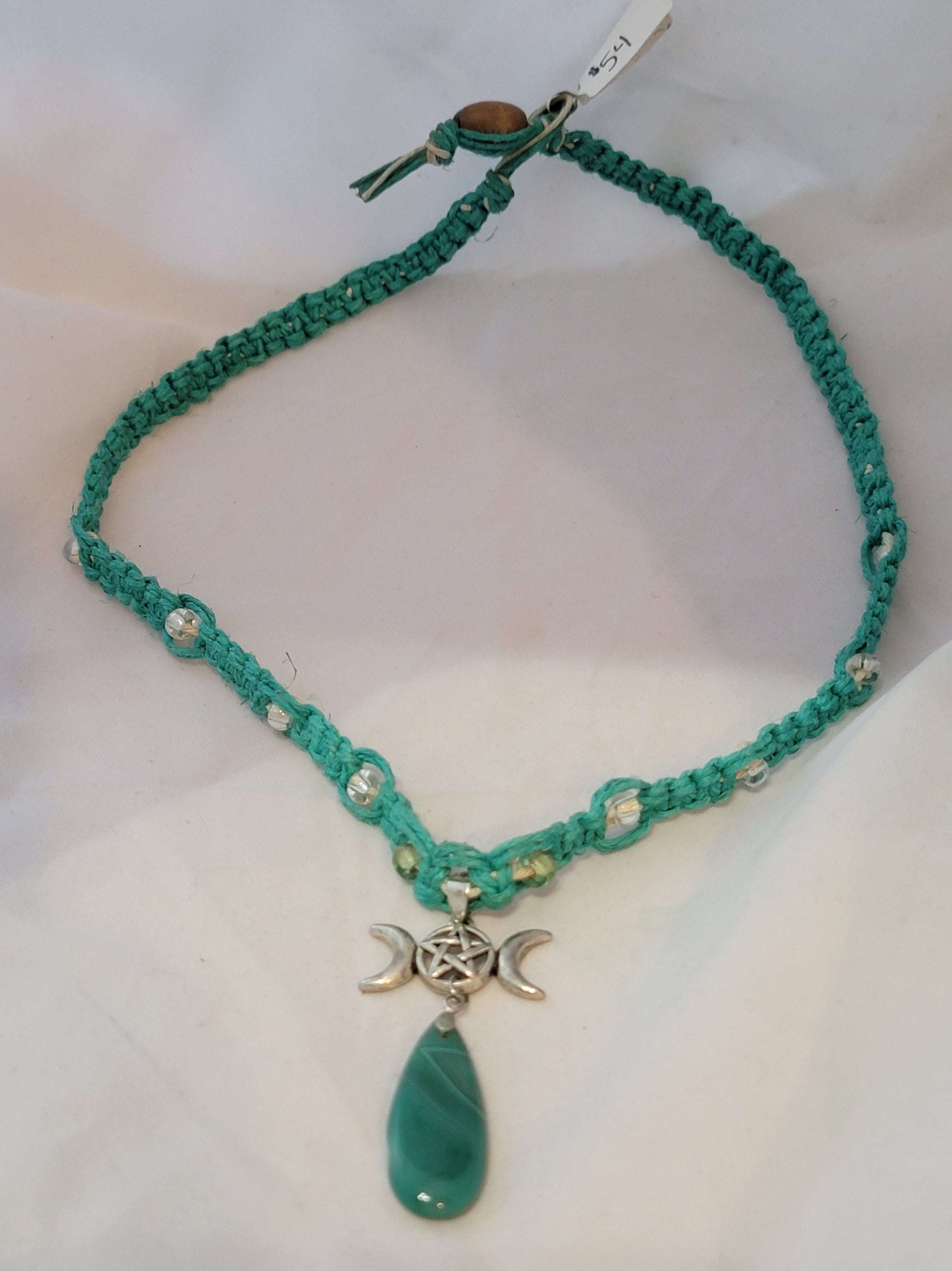Sea Green Dyed Agate with Triple Moon Pentacle Necklace