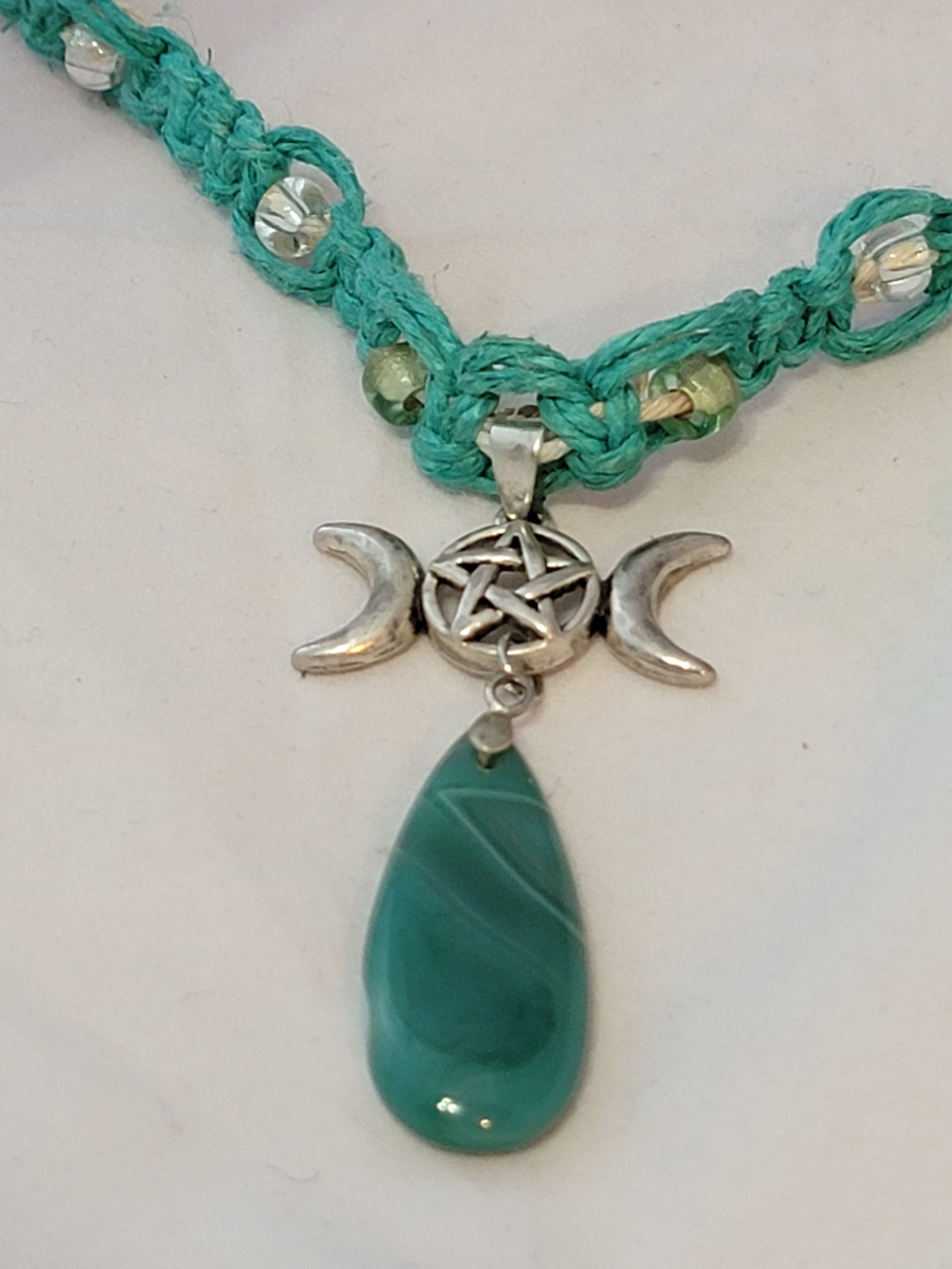 Sea Green Dyed Agate with Triple Moon Pentacle Necklace