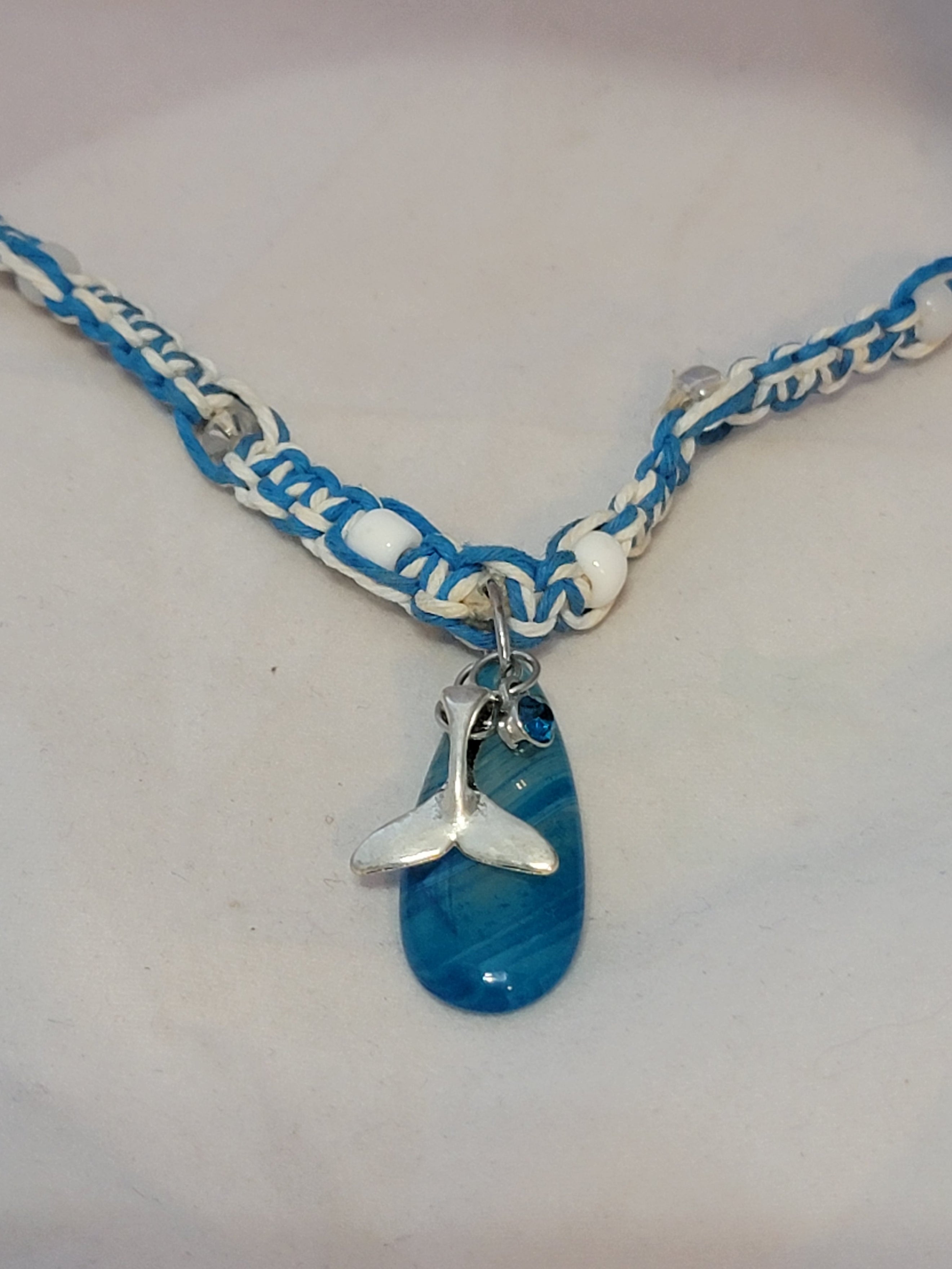 Turquoise Dyed Agate with Whale Tail, & Crystal Necklace